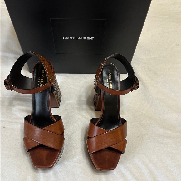 Saint Laurent Brown Studded Farrah Platform Sandals 40 - Picture 5 of 12